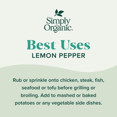 Simply Organic Lemon Pepper closeup reveals bright zest and coarse pepper texture.