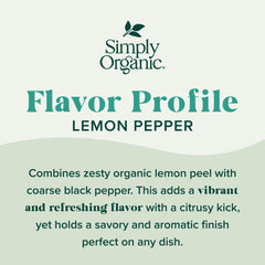 Simply Organic Lemon Pepper grinder shows fresh citrus zest with bold pepper.
