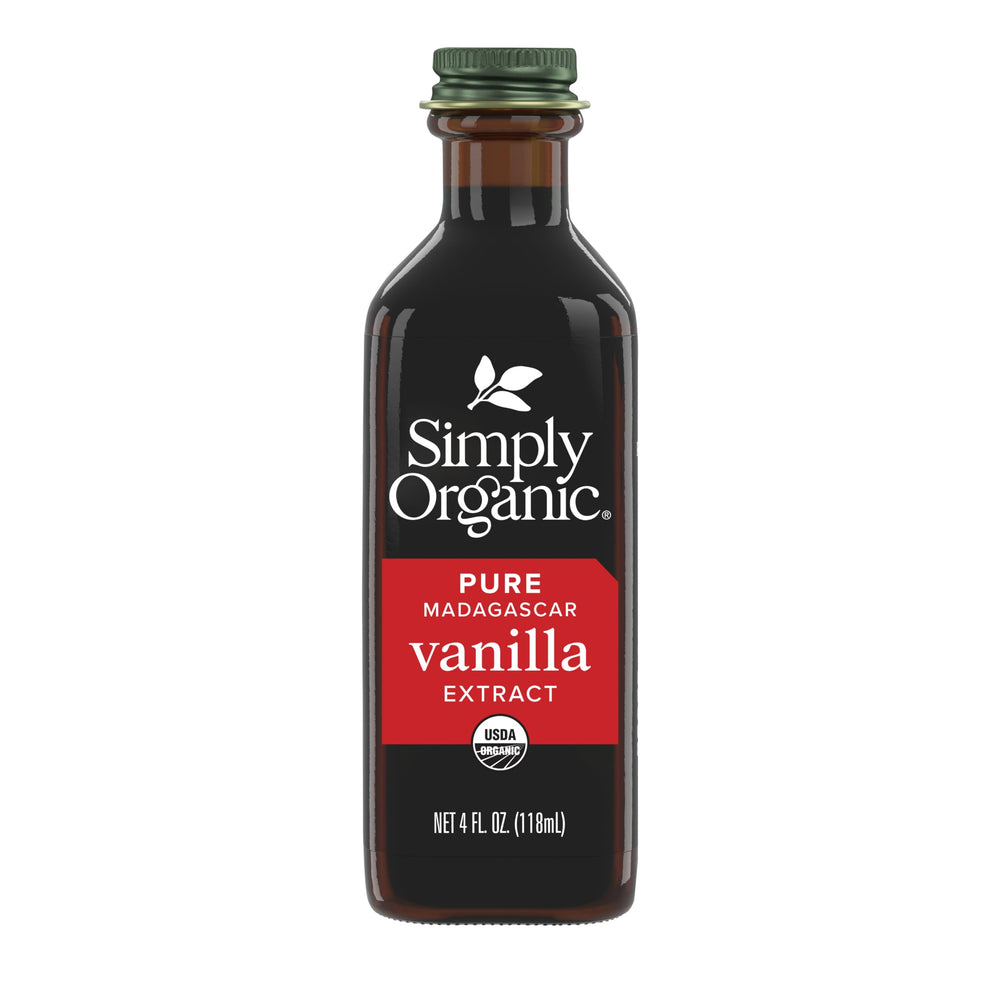 Simply Organic Madagascar vanilla extract bottle with rich aroma for baking and coffee