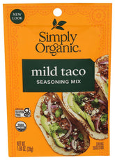 Simply Organic Mild Taco Seasoning bottle front for flavorful weeknight meals.