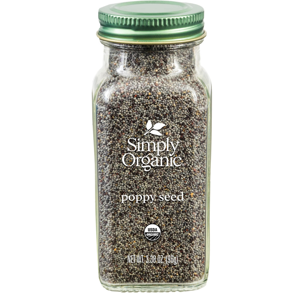 Simply Organic poppy seed whole in a clear jar for baking flavor and texture