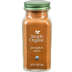 Simply Organic Pumpkin Spice bottle on shelf for fall baking and beverages.