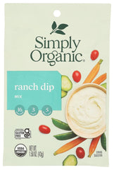 Simply Organic Ranch Dip packaging displays clean-label ingredients for gluten-free snacking.