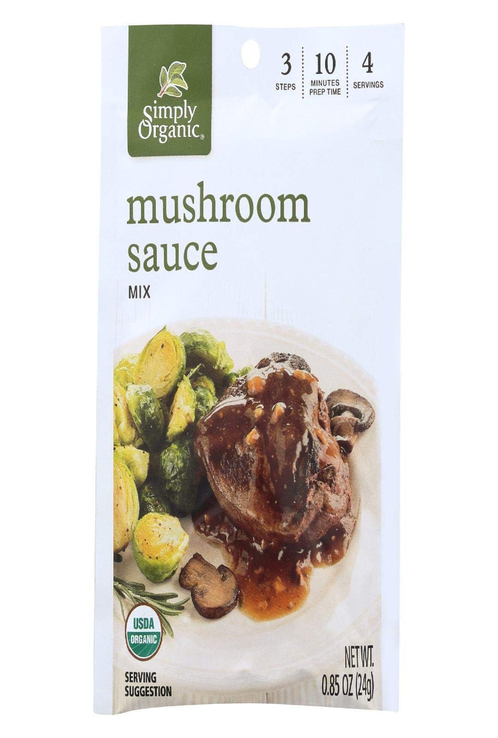 Simply Organic mushroom sauce jar ready to flavor potatoes and green beans.
