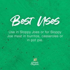 View of Simply Organic Sloppy Joe seasoning tin label emphasizing easy, ready-to-season meals.