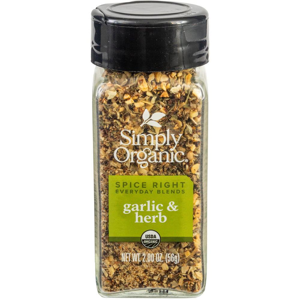 Simply Organic Spice Right Garlic & Herb jar front enhances everyday meals with bold flavor