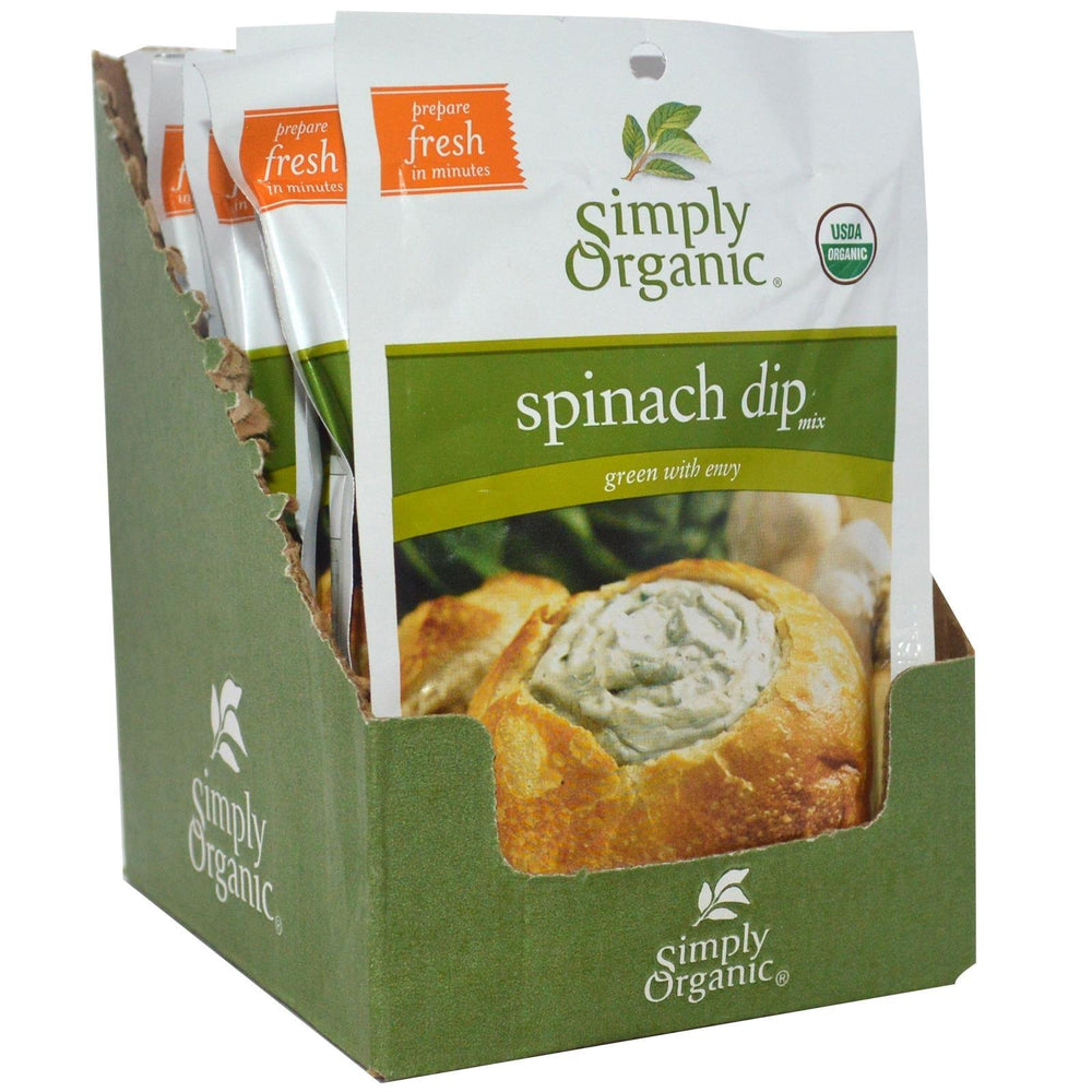 Simply Organic Spinach Dip Mix packet close-up highlighting vegan and gluten-free credentials.