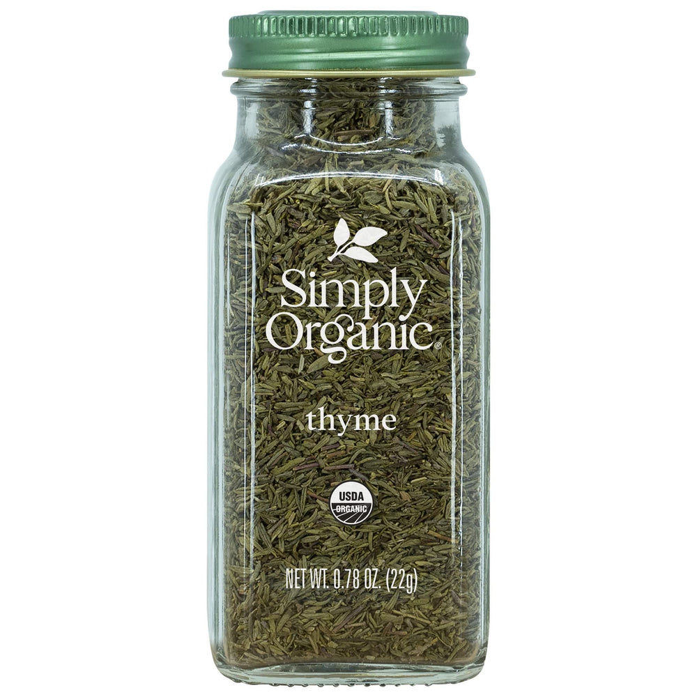 Simply Organic thyme leaf in a glass bottle enhances soups and sauces.