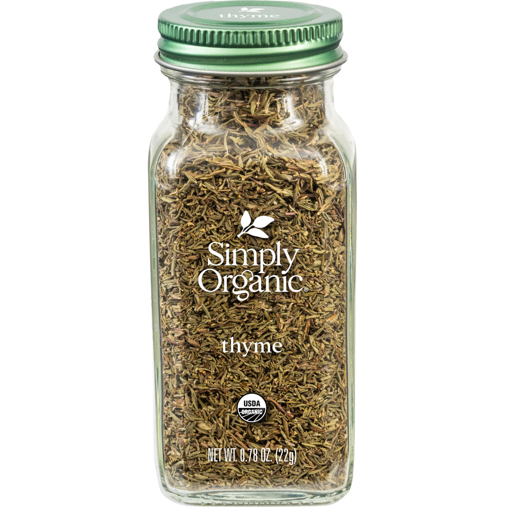 Simply Organic thyme leaf jar on a kitchen shelf for rich soups and roasts.