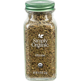 Simply Organic thyme leaf jar on a kitchen shelf for rich soups and roasts.