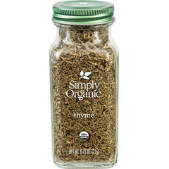 Simply Organic thyme leaf jar on a kitchen shelf for rich soups and roasts.