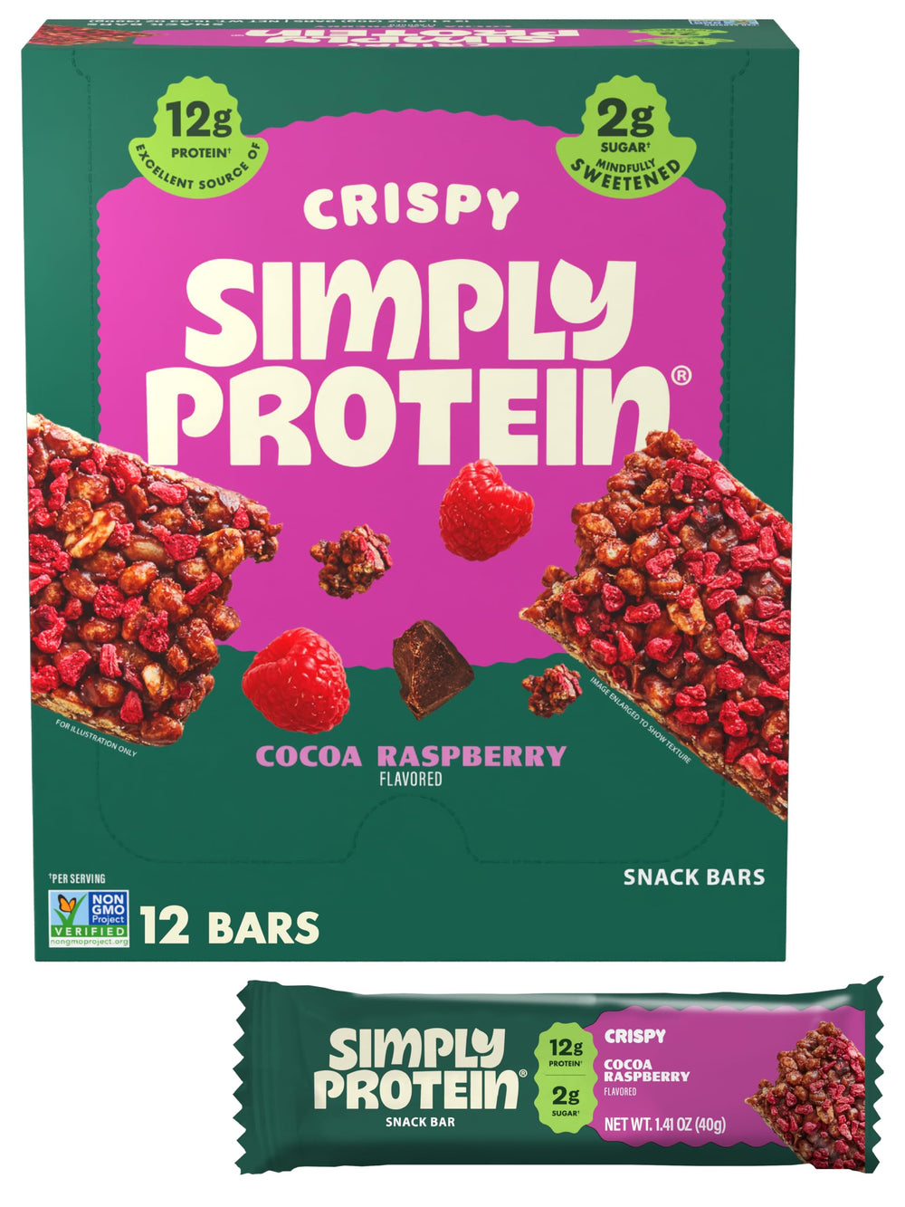 Simply Protein Cocoa Raspberry Crispy Bar pack, rich flavor for on-the-go snacking.
