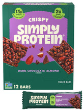 Simply Protein dark chocolate almond crispy bar on-pack for on-the-go energy