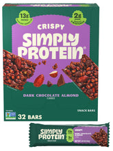 Simply Protein dark chocolate almond crispy bar packshot for a convenient protein boost