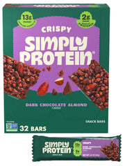 Simply Protein dark chocolate almond crispy bar packshot for a convenient protein boost
