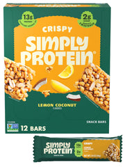 Simply Protein Lemon Coconut Crispy Bars packaging shown, ideal for on-the-go protein boost.