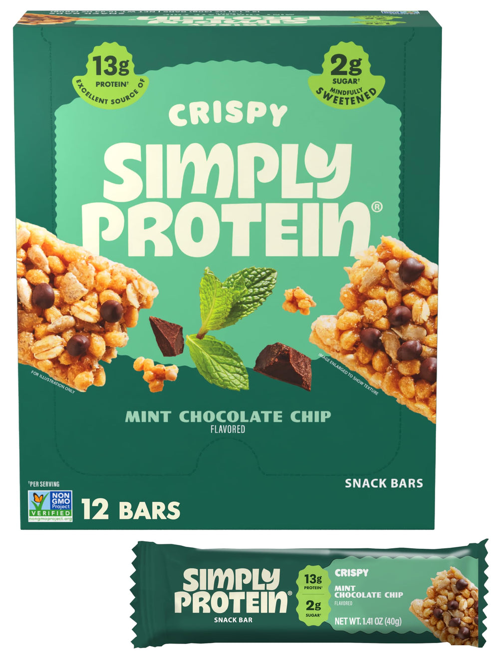 Simply Protein Mint Chocolate Chip Crispy Bar packaging for on-the-go fueling.