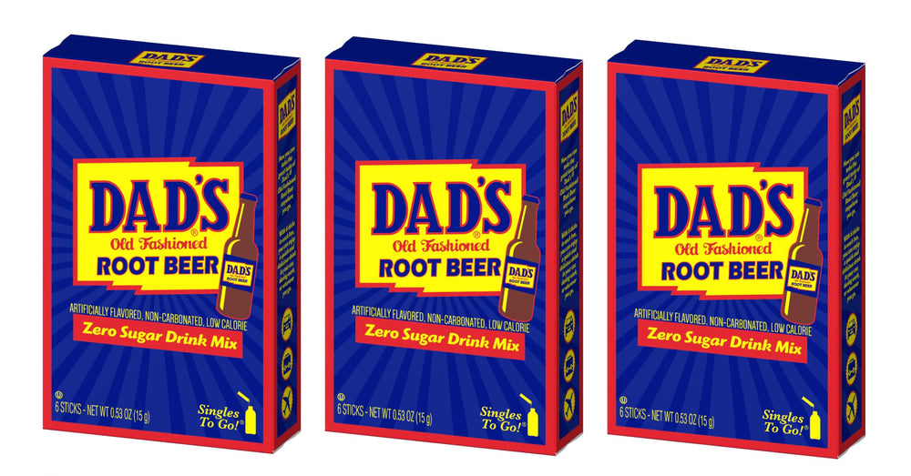 SINGLES TO GO! Dad's Old Fashioned Root Beer box front with sugar-free singles for on-the-go flavor.