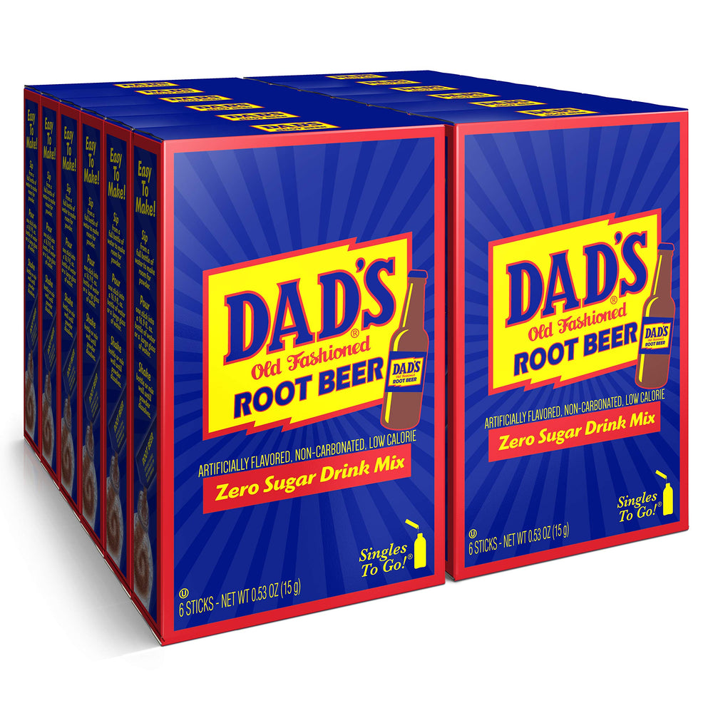 Dad's Root Beer Singles to Go stick close-up, portable on-the-go flavor.
