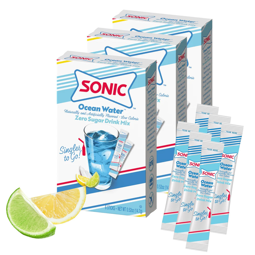 SINGLES TO GO! Ocean Water box front view for on-the-go hydration.