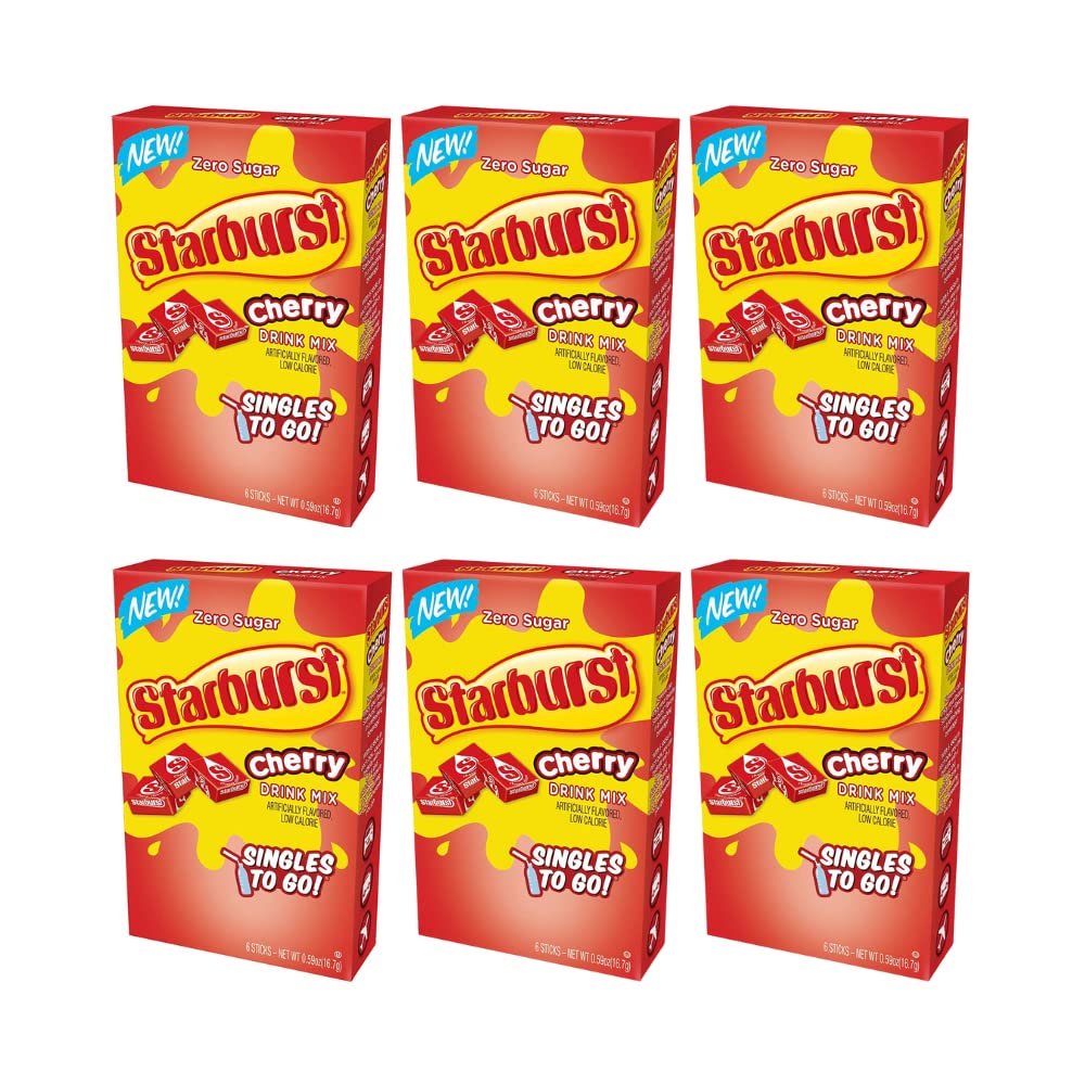 SINGLES TO GO Starburst Cherry box front highlighting convenient, sugar-free hydration on the go.