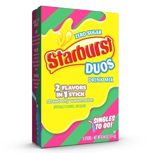 SINGLES TO GO Starburst Duos on-the-go bottle pour for strawberry-watermelon flavor.