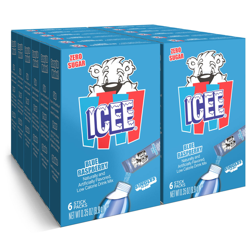 SINGLES TO GO! ICEE blue raspberry box front with six-packet packs for quick flavor.