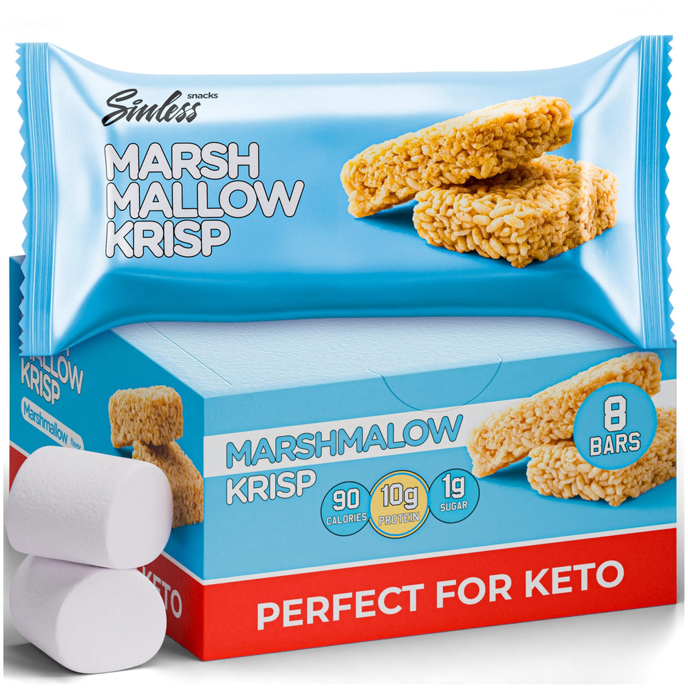 Sinless Snacks Marsh Mallow Krisp bar packaging close-up highlighting indulgent, low-sugar keto snack.