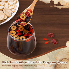 sirdika ginseng five treasures tea ingredients chart visual lists dates, wolfberries, mulberries, and ginseng.