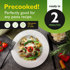 Skinny Pasta fettuccine served with sauce to illustrate ready-to-eat meal.