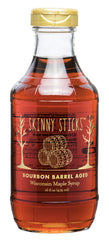 Skinny Sticks Kentucky Bourbon Barrel Aged Maple Syrup bottle with smoky aroma and glaze-worthy flavor.