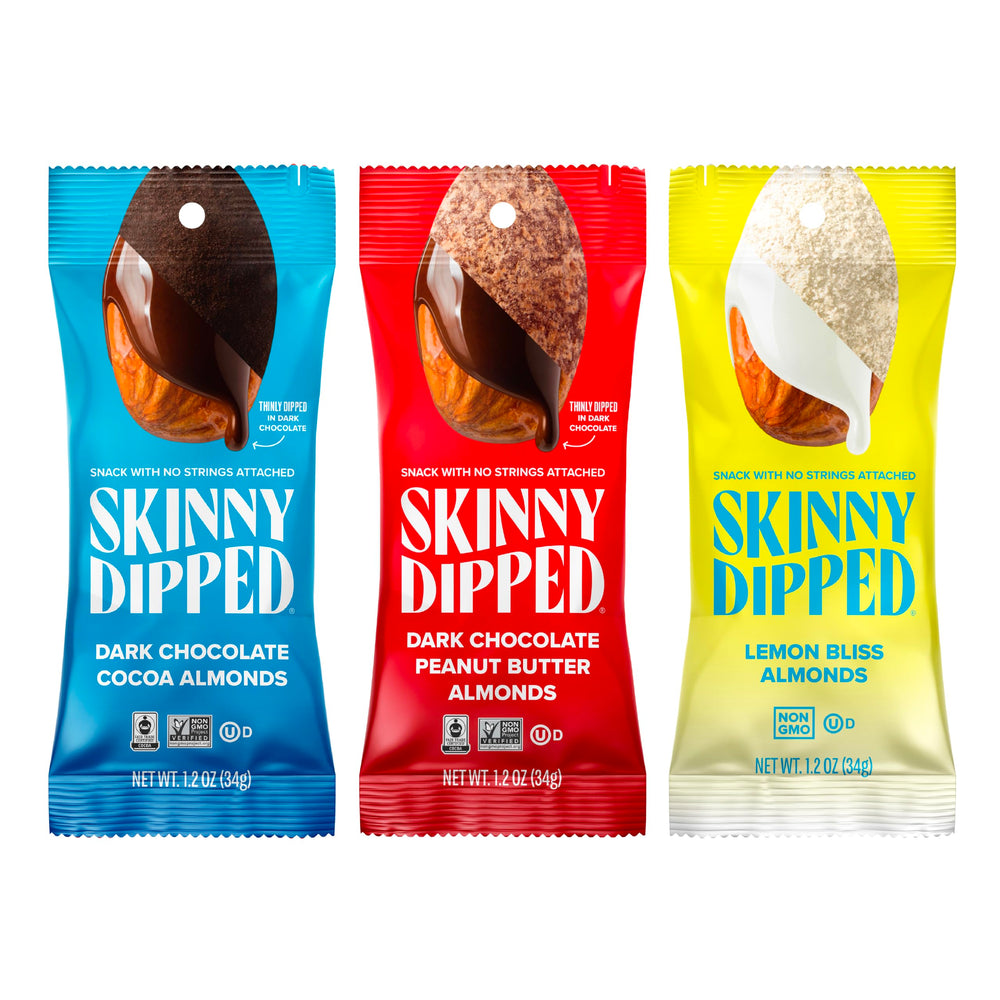 SKINNYDIPPED cocoa almond variety-pack bag—protein-rich, on-the-go snack.