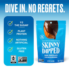 SkinnyDipped almonds nutrition panel shows 5g protein and 3g fiber.