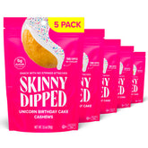 SKINNYDIPPED Birthday Cake Cashews packaging with resealable bag for on-the-go snacking.