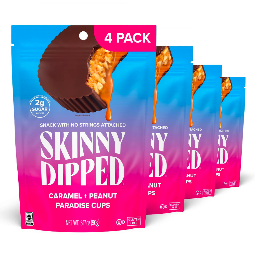 SKINNYDIPPED Caramel Peanut Paradise Cups packaging on display for grab-and-go snacking