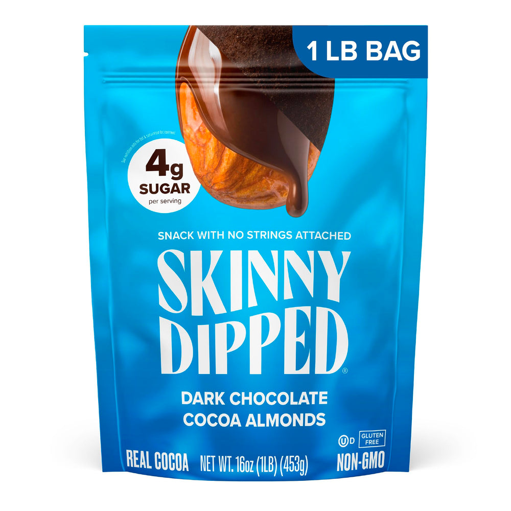 SkinnyDipped dark chocolate cocoa almonds in a 1lb bag offer a satisfying, protein-forward snack.