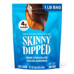 SkinnyDipped dark chocolate cocoa almonds in a 1lb bag offer a satisfying, protein-forward snack.