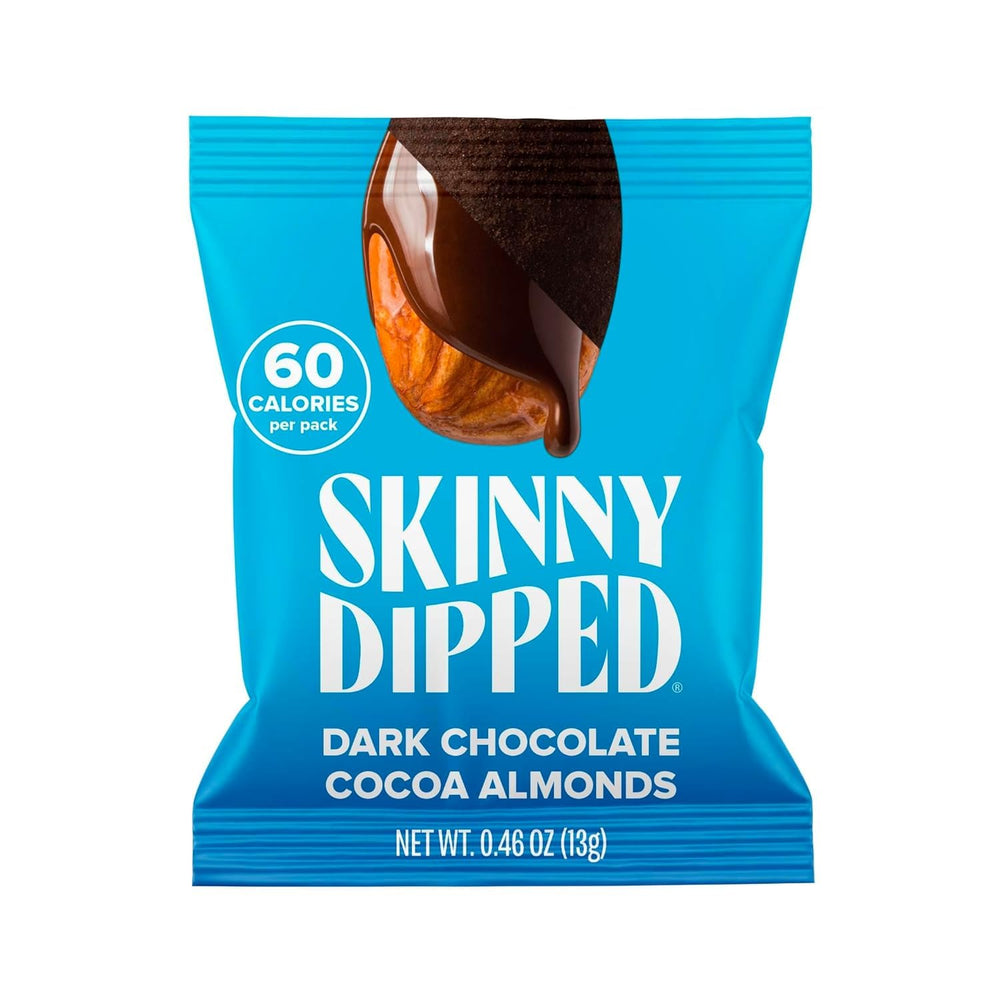 SkinnyDipped dark chocolate cocoa almonds mini bag for quick on-the-go snacking (60 calories).