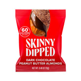 SkinnyDipped dark chocolate peanut butter almonds close-up highlighting glossy coating and nutty sweetness.
