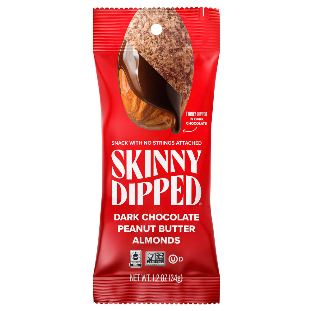 SkinnyDipped almond-based snack with dark chocolate and peanut butter for on-the-go protein