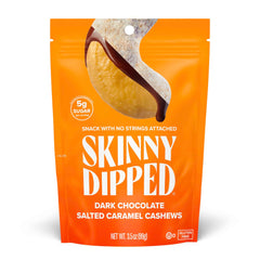 SkinnyDipped dark chocolate salted caramel cashews on bag front, gluten-free and protein-rich.