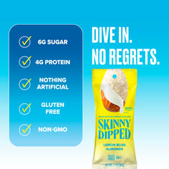 SkinnyDipped Lemon Bliss Almonds close-up reveals yogurt coating and bright lemon notes