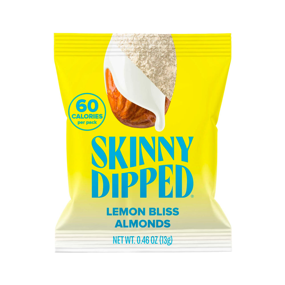 SkinnyDipped Lemon Bliss almonds in pack-front view for on-the-go snacking.