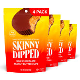 SkinnyDipped Milk Chocolate Peanut Butter Cups packaging highlights gluten-free, low sugar indulgence.
