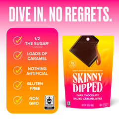 SkinnyDipped packaging with four bags shows easy, on-the-go snacking options.