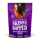 SkinnyDipped super dark almonds with sea salt in a resealable bag.