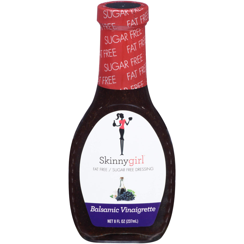 Skinnygirl Balsamic Vinaigrette bottle highlights fat-free and sugar-free formula.