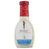 Skinnygirl Buttermilk Ranch Dressing bottle on counter showcasing a low-cal flavor boost for salads.
