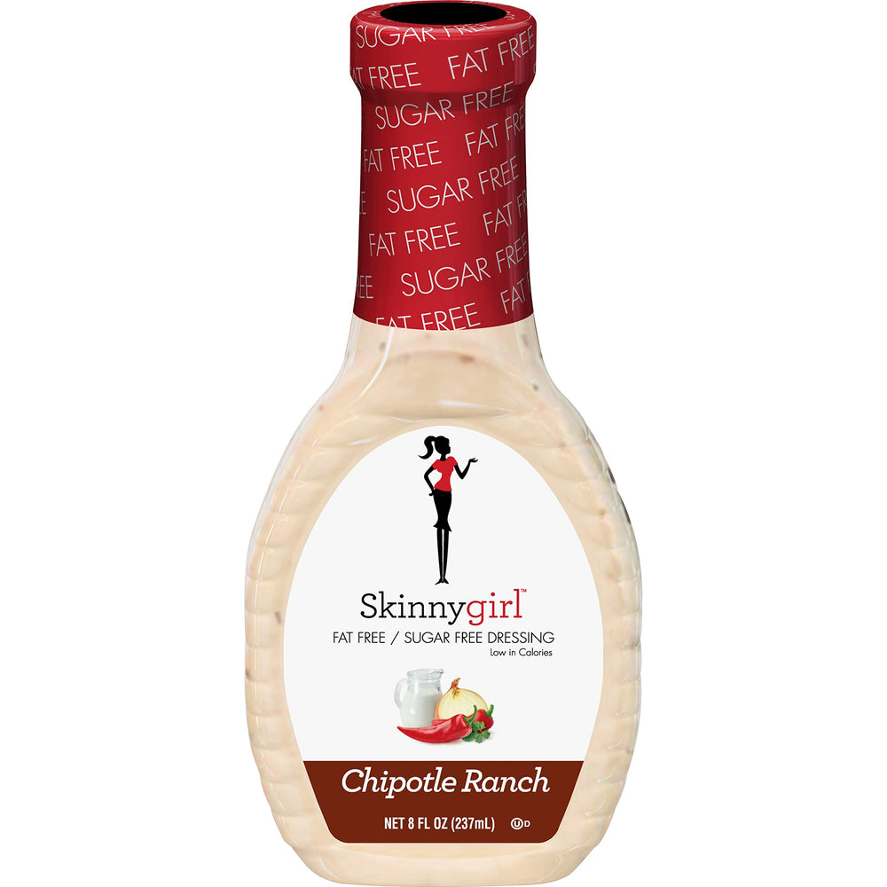 Skinnygirl chipotle ranch fat-free dressing bottle shows a light, low-calorie flavor option