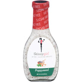 Skinnygirl Poppyseed Dressing bottle highlighting a light, sugar-free option for salads.